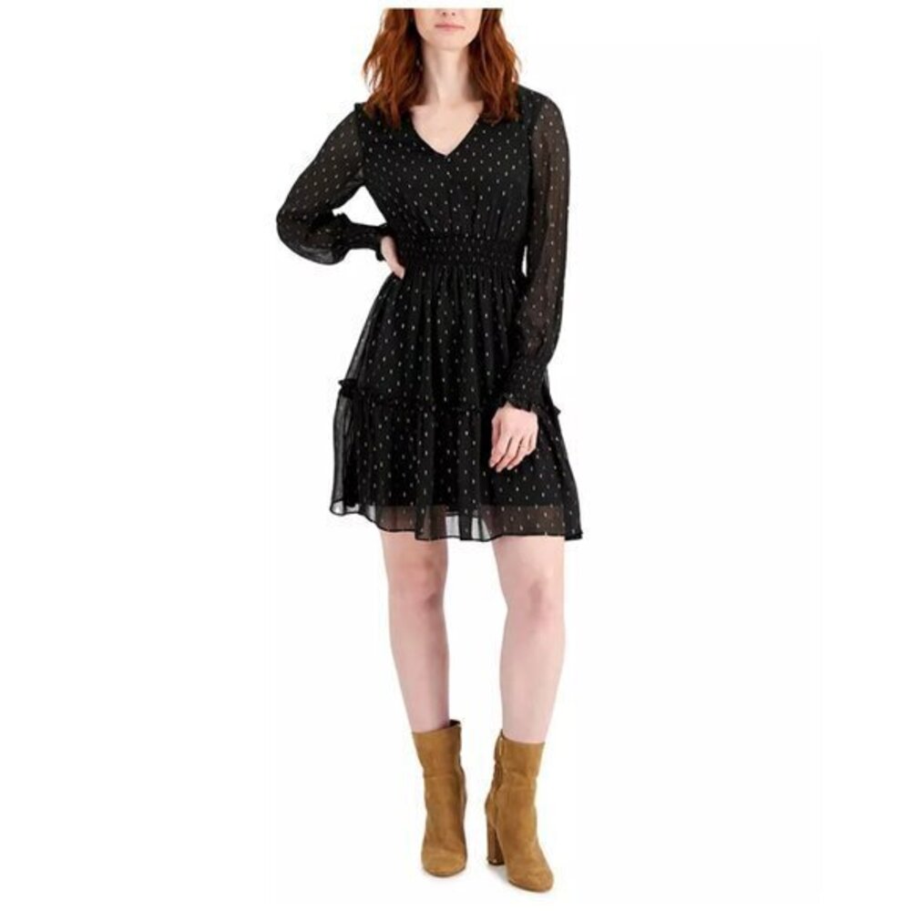 Taylor Black Chiffon Gold Dot Sheer Smocked Long Sleeve Dress Size 2